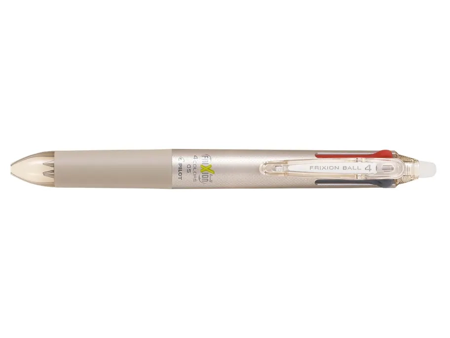 PILOT Stylo Roller FriXion Ball 4 Couleurs (noir, bleu, rouge, vert) - Roller encre gel - Pointe Fine 0,5mm- Corps Champagne