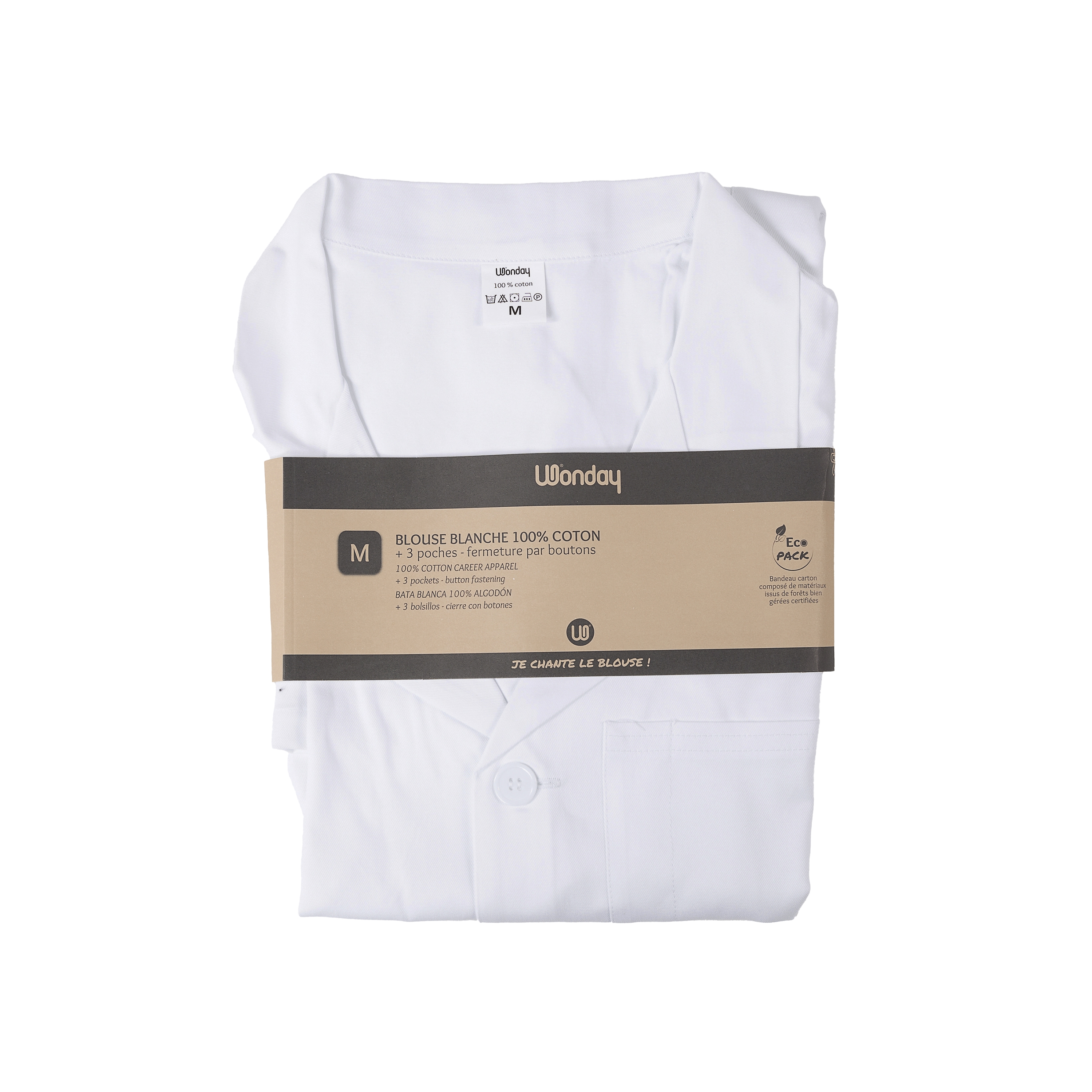 WONDAY Blouse à manches longues Blanche en tissu 100% Coton 3 poches, Taille M