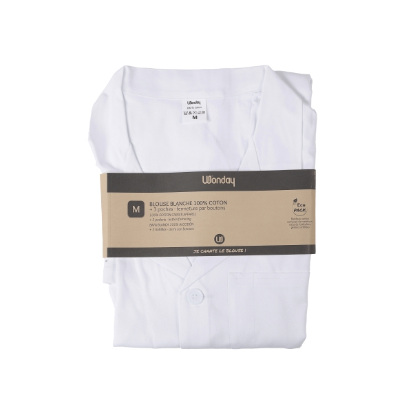 WONDAY Blouse à manches longues Blanche en tissu 100% Coton 3 poches, Taille M